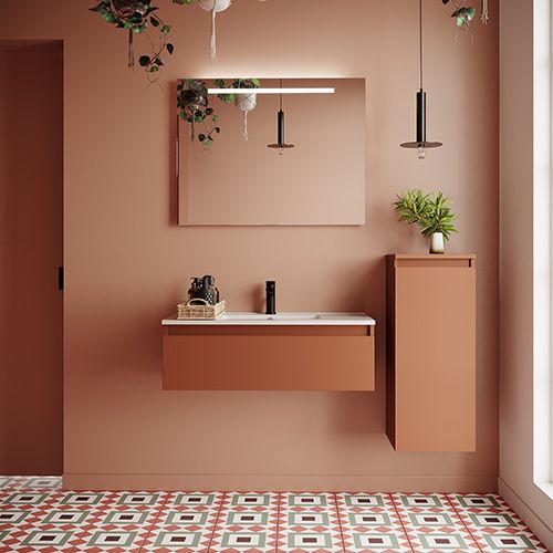 Meuble de salle de bain suspendu vasque intégrée 90cm 1 tiroir Terracotta + miroir + colonne ouverture droite - Rivage