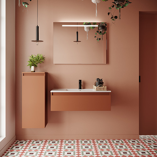 Meuble de salle de bain suspendu vasque intégrée 90cm 1 tiroir Terracotta + miroir + colonne ouverture gauche - Rivage