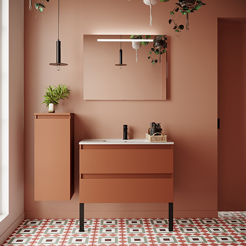 Meuble de salle de bain suspendu vasque intégrée 90cm 2 tiroirs Terracotta + miroir - Rivage