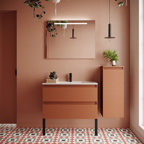 Meuble de salle de bain suspendu vasque intégrée 90cm 2 tiroirs Terracotta + miroir + colonne ouverture droite - Rivage
