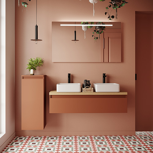 Meuble de salle de bain suspendu 2 vasques à poser 120cm 1 tiroir Terracotta + miroir - Rivage