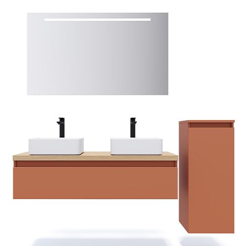 Meuble de salle de bain suspendu 2 vasques à poser 120cm 1 tiroir Terracotta + miroir + colonne ouverture droite - Rivage