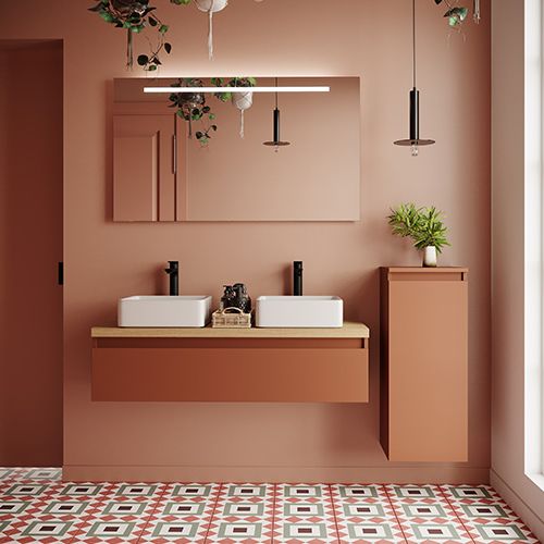 Meuble de salle de bain suspendu 2 vasques à poser 120cm 1 tiroir Terracotta + miroir + colonne ouverture droite - Rivage