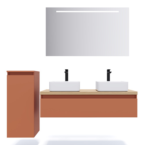 Meuble de salle de bain suspendu 2 vasques à poser 120cm 1 tiroir Terracotta + miroir + colonne ouverture gauche - Rivage