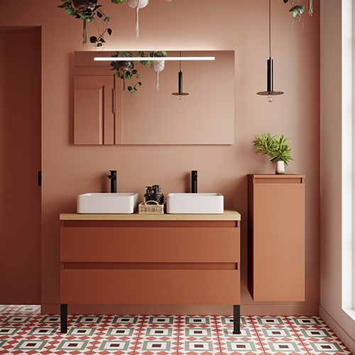 Meuble de salle de bain suspendu 2 vasques à poser 120cm 2 tiroirs Terracotta + miroir + colonne ouverture droite - Rivage