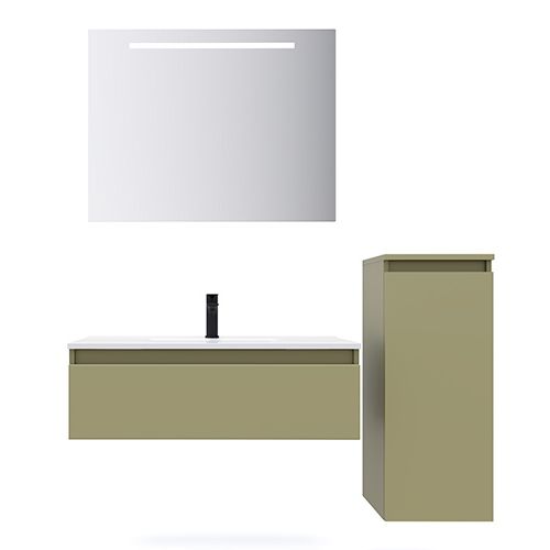 Meuble de salle de bain suspendu vasque intégrée 90cm 1 tiroir Vert olive + miroir + colonne ouverture droite - Rivage