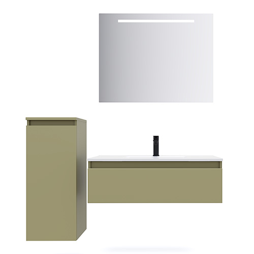 Meuble de salle de bain suspendu vasque intégrée 90cm 1 tiroir Vert olive + miroir + colonne ouverture gauche - Rivage