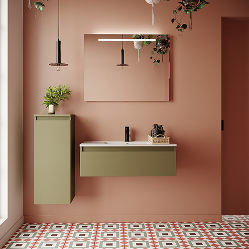 Meuble de salle de bain suspendu vasque intégrée 90cm 1 tiroir Vert olive + miroir + colonne ouverture gauche - Rivage