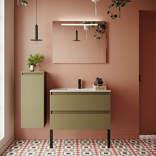 Meuble de salle de bain suspendu vasque intégrée 90cm 2 tiroirs Vert olive + miroir + colonne ouverture gauche - Rivage