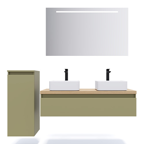 Meuble de salle de bain suspendu 2 vasques à poser 120cm 1 tiroir Vert olive + miroir - Rivage