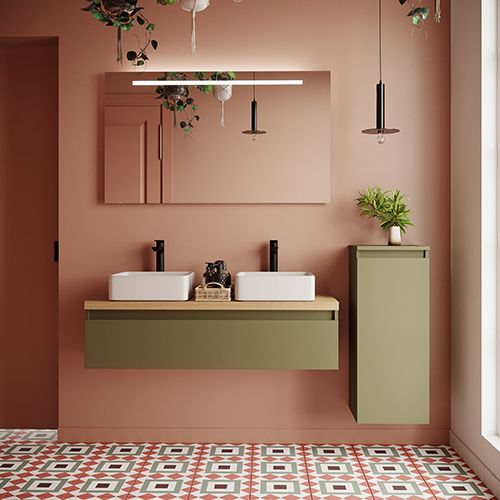 Meuble de salle de bain suspendu 2 vasques à poser 120cm 1 tiroir Vert olive + miroir + colonne ouverture droite - Rivage