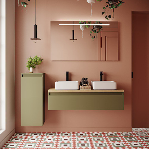 Meuble de salle de bain suspendu 2 vasques à poser 120cm 1 tiroir Vert olive + miroir + colonne ouverture gauche - Rivage