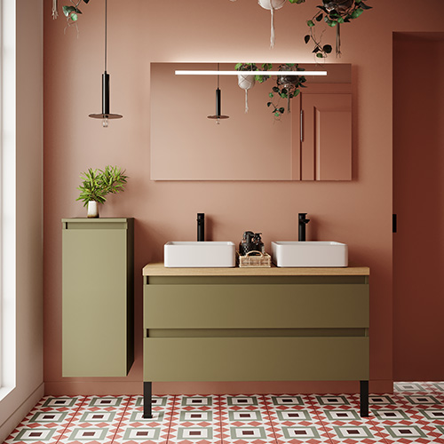Meuble de salle de bain suspendu 2 vasques à poser 120cm 2 tiroirs Vert olive + miroir - Rivage