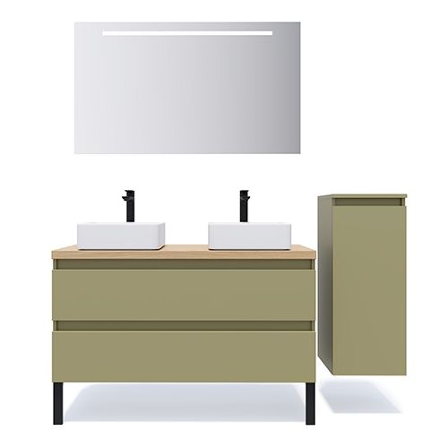 Meuble de salle de bain suspendu 2 vasques à poser 120cm 2 tiroirs Vert olive + miroir + colonne ouverture droite - Rivage