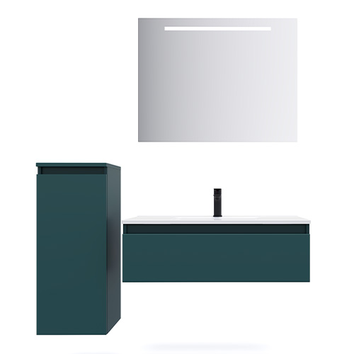 Meuble de salle de bain suspendu vasque intégrée 90cm 1 tiroir Bleu + miroir + colonne ouverture gauche - Rivage
