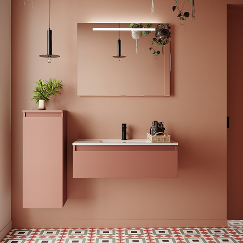 Meuble de salle de bain suspendu vasque intégrée 90cm 1 tiroir Abricot + miroir - Rivage