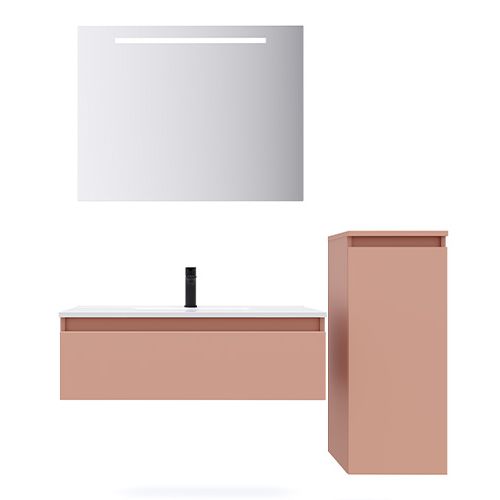 Meuble de salle de bain suspendu vasque intégrée 90cm 1 tiroir Abricot + miroir + colonne ouverture droite - Rivage
