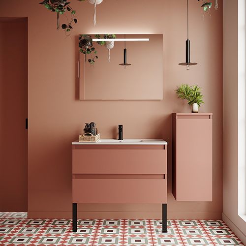 Meuble de salle de bain suspendu vasque intégrée 90cm 2 tiroirs Abricot + miroir + colonne ouverture droite - Rivage