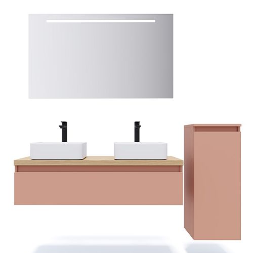 Meuble de salle de bain suspendu 2 vasques à poser 120cm 1 tiroir Abricot + miroir + colonne ouverture droite - Rivage