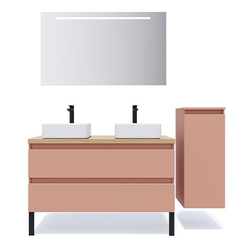 Meuble de salle de bain suspendu 2 vasques à poser 120cm 2 tiroirs Abricot + miroir + colonne ouverture droite - Rivage