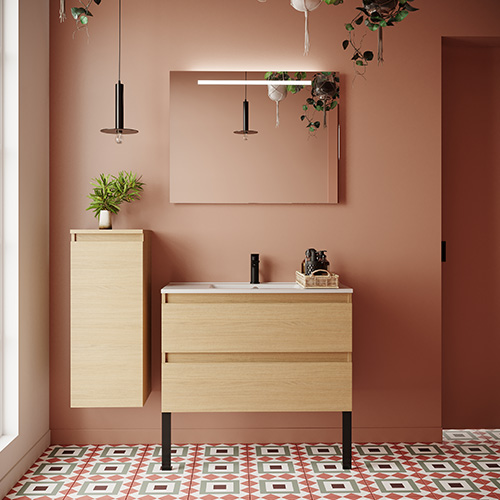 Meuble de salle de bain suspendu vasque intégrée 90cm 2 tiroirs Chêne clair + miroir - Rivage