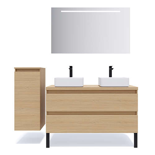Meuble de salle de bain suspendu 2 vasques à poser 120cm 2 tiroirs Chêne clair + miroir + colonne ouverture gauche - Rivage