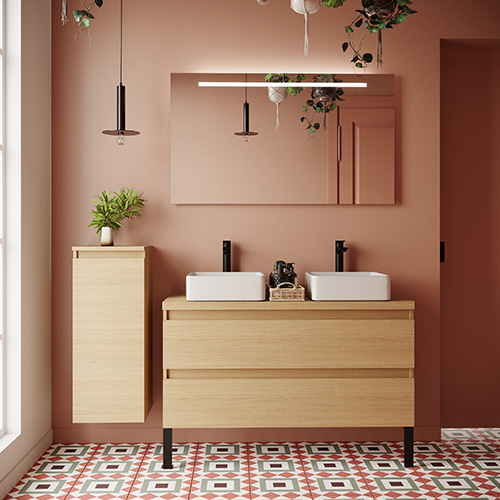 Meuble de salle de bain suspendu 2 vasques à poser 120cm 2 tiroirs Chêne clair + miroir + colonne ouverture gauche - Rivage