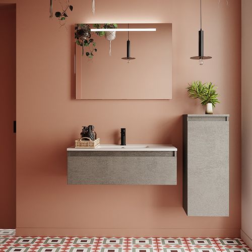 Meuble de salle de bain suspendu vasque intégrée 90cm 1 tiroir façon Béton + miroir + colonne ouverture droite - Rivage