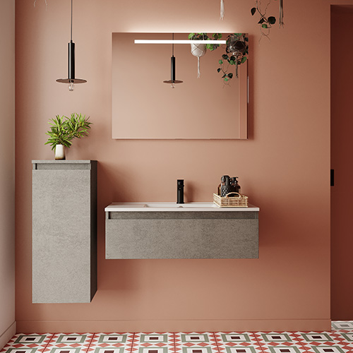 Meuble de salle de bain suspendu vasque intégrée 90cm 1 tiroir façon Béton + miroir + colonne ouverture gauche - Rivage