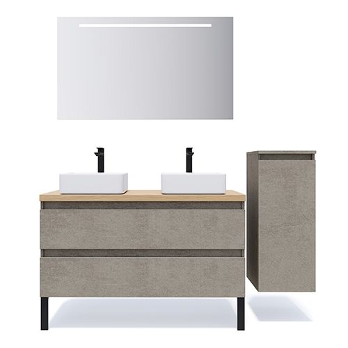 Meuble de salle de bain suspendu 2 vasques à poser 120cm 2 tiroirs façon Béton + miroir + colonne ouverture droite - Rivage