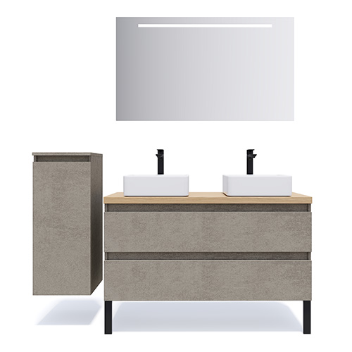 Meuble de salle de bain suspendu 2 vasques à poser 120cm 2 tiroirs façon Béton + miroir + colonne ouverture gauche - Rivage