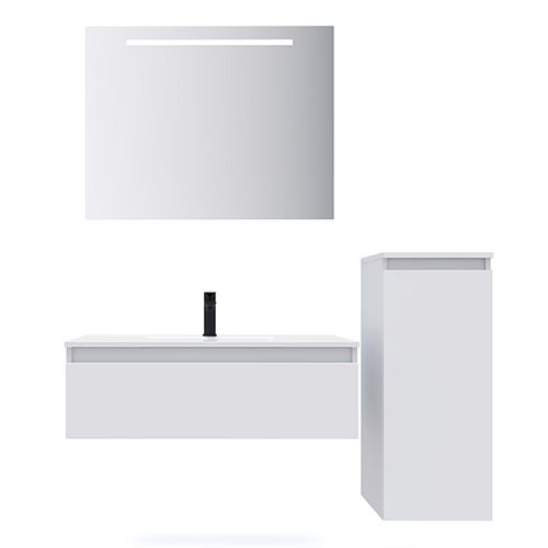 Meuble de salle de bain suspendu vasque intégrée 90cm 1 tiroir Blanc + miroir + colonne ouverture droite - Rivage