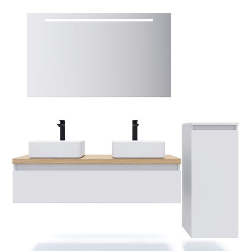 Meuble de salle de bain suspendu 2 vasques à poser 120cm 1 tiroir Blanc + miroir + colonne ouverture droite - Rivage