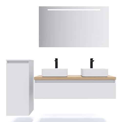 Meuble de salle de bain suspendu 2 vasques à poser 120cm 1 tiroir Blanc + miroir + colonne ouverture gauche - Rivage