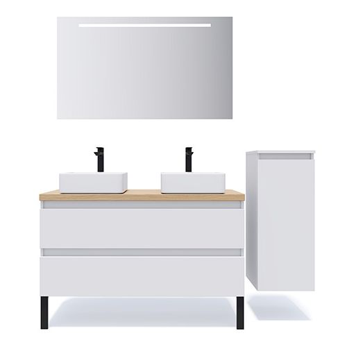 Meuble de salle de bain suspendu 2 vasques à poser 120cm 2 tiroirs Blanc + miroir + colonne ouverture droite - Rivage