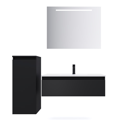 Meuble de salle de bain suspendu vasque intégrée 90cm 1 tiroir Noir + miroir - Rivage