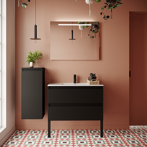Meuble de salle de bain suspendu vasque intégrée 90cm 2 tiroirs Noir + miroir - Rivage