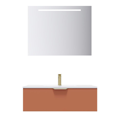 Meuble de salle de bain suspendu vasque intégrée 90cm 1 tiroir Terracotta + miroir - Venice