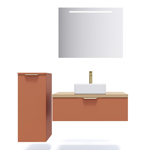 Meuble de salle de bain suspendu vasque à poser 90cm 1 tiroir Terracotta + miroir + colonne ouverture gauche - Venice