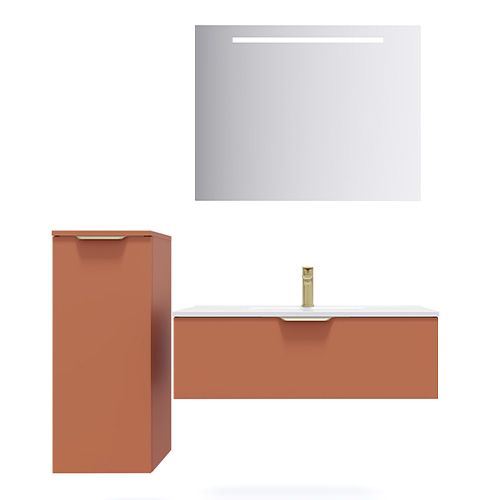 Meuble de salle de bain suspendu vasque intégrée 90cm 1 tiroir Terracotta + miroir + colonne ouverture gauche - Swing