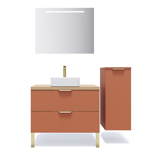 Meuble de salle de bain suspendu vasque à poser 90cm 2 tiroirs Terracotta + miroir + colonne ouverture droite - Swing