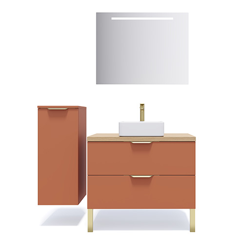 Meuble de salle de bain suspendu vasque à poser 90cm 2 tiroirs Terracotta + miroir + colonne ouverture gauche - Swing