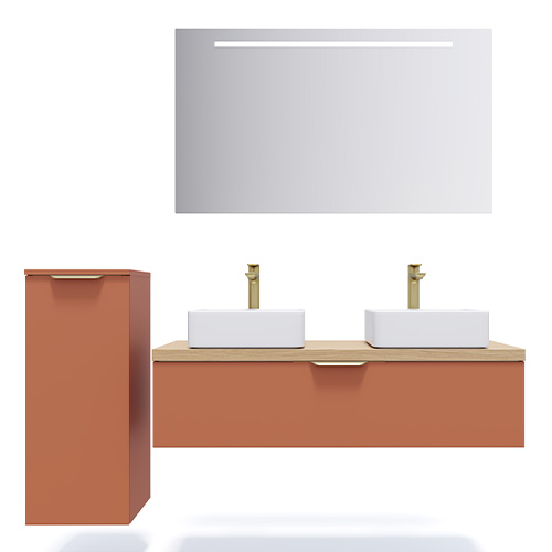 Meuble de salle de bain suspendu 2 vasques à poser 120cm 1 tiroir Terracotta + miroir + colonne ouverture gauche - Swing