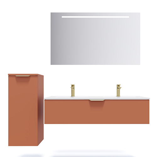 Meuble de salle de bain suspendu double vasque intégrée 120cm 1 tiroir Terracotta + miroir + colonne ouverture gauche - Swing