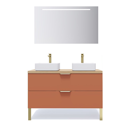 Meuble de salle de bain suspendu 2 vasques à poser 120cm 2 tiroirs Terracotta + miroir - Swing