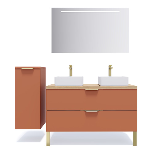 Meuble de salle de bain suspendu 2 vasques à poser 120cm 2 tiroirs Terracotta + miroir + colonne ouverture droite - Swing