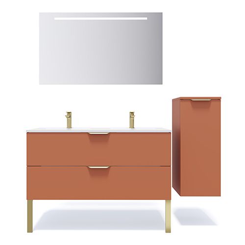 Meuble de salle de bain suspendu double vasque intégrée 120cm 2 tiroirs Terracotta + miroir + colonne ouverture droite - Swing