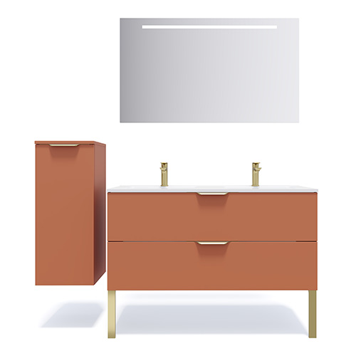 Meuble de salle de bain suspendu double vasque intégrée 120cm 2 tiroirs Terracotta + miroir + colonne ouverture gauche - Swing