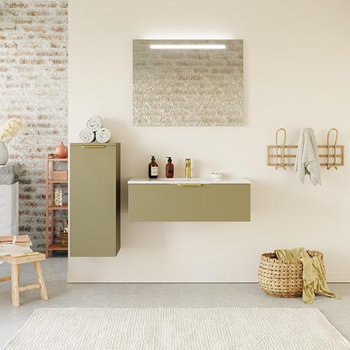 Meuble de salle de bain suspendu vasque intégrée 90cm 1 tiroir Vert olive + miroir - Swing