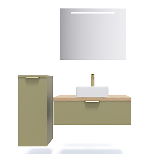 Meuble de salle de bain suspendu vasque à poser 90cm 1 tiroir Vert olive + miroir + colonne ouverture gauche - Swing
